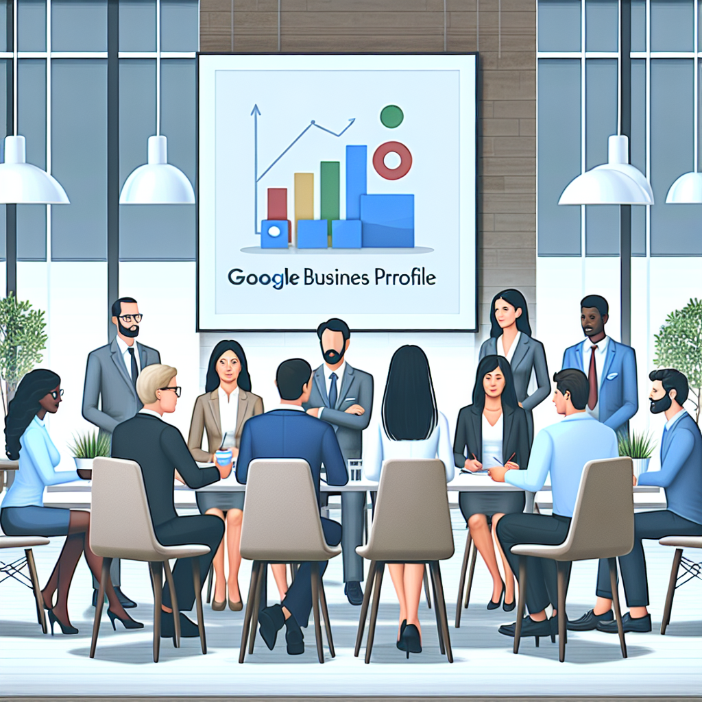 Grup de oameni discutand despre optimizarea Google Business Profile, intr-un mediu de birou modern, cu un accent pe atmosfera de afaceri. Toate persoanele au un aspect european.