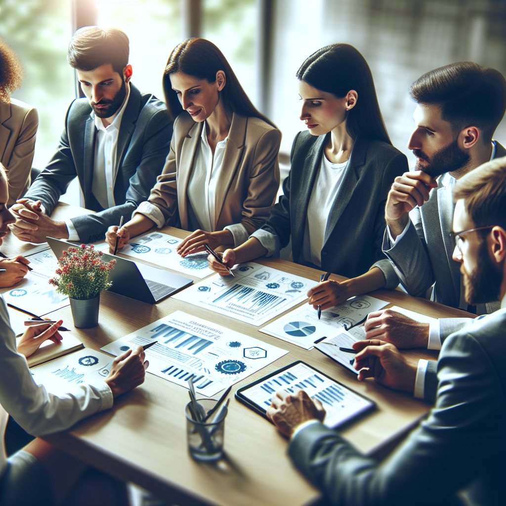 Imagine fotorrealista care ilustreaza o intalnire de afaceri, in care echipa discuta strategii de utilizare a inteligentei artificiale in marketing. Toti participantii la intalnire au trasaturi europene.