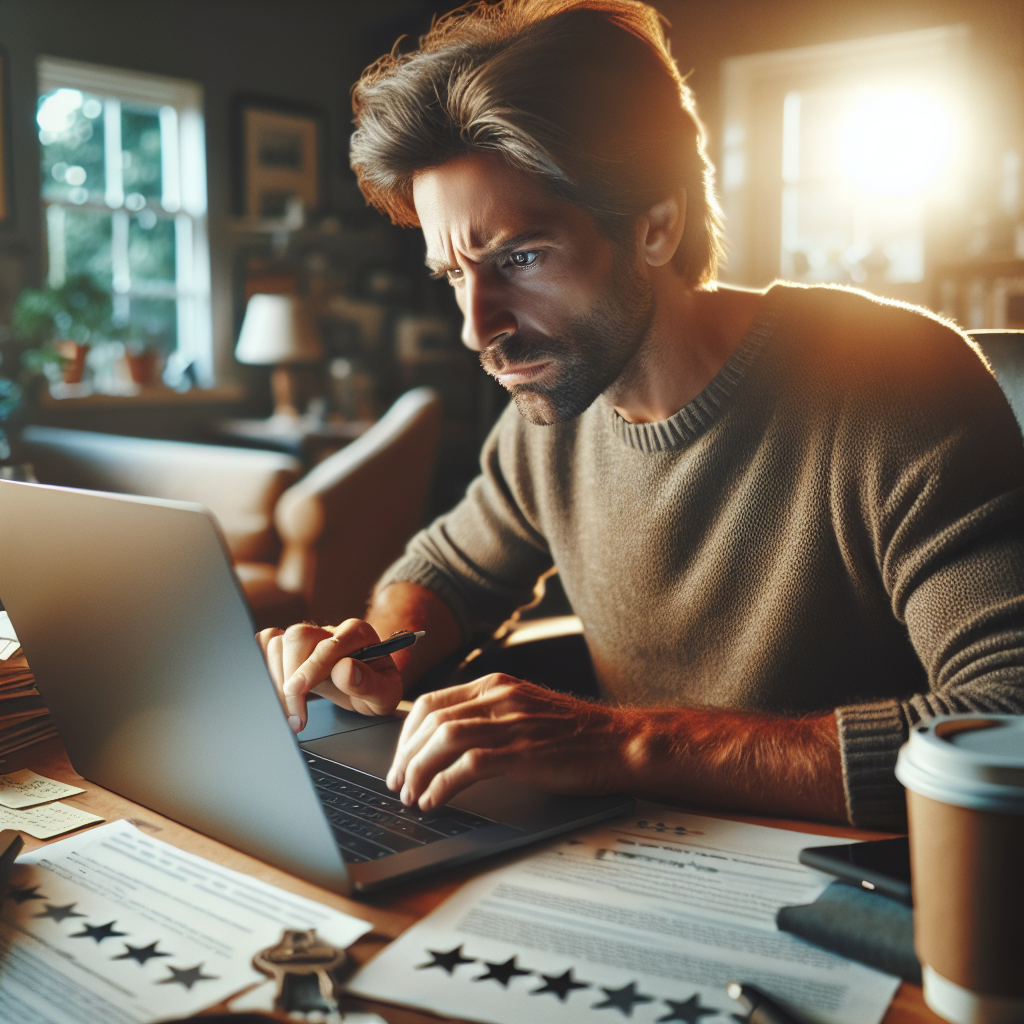 Imagine a unei persoane cu aspect european analizand recenziile pe retelele sociale pe un laptop, intr-un birou confortabil.