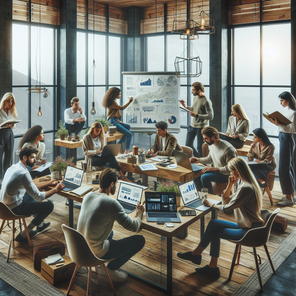 Generati o imagine in care oameni, cu aspect european, discuta strategii de videomarketing pentru o companie, inconjurati de laptopuri si un proiector, intr-un spatiu de birou confortabil.