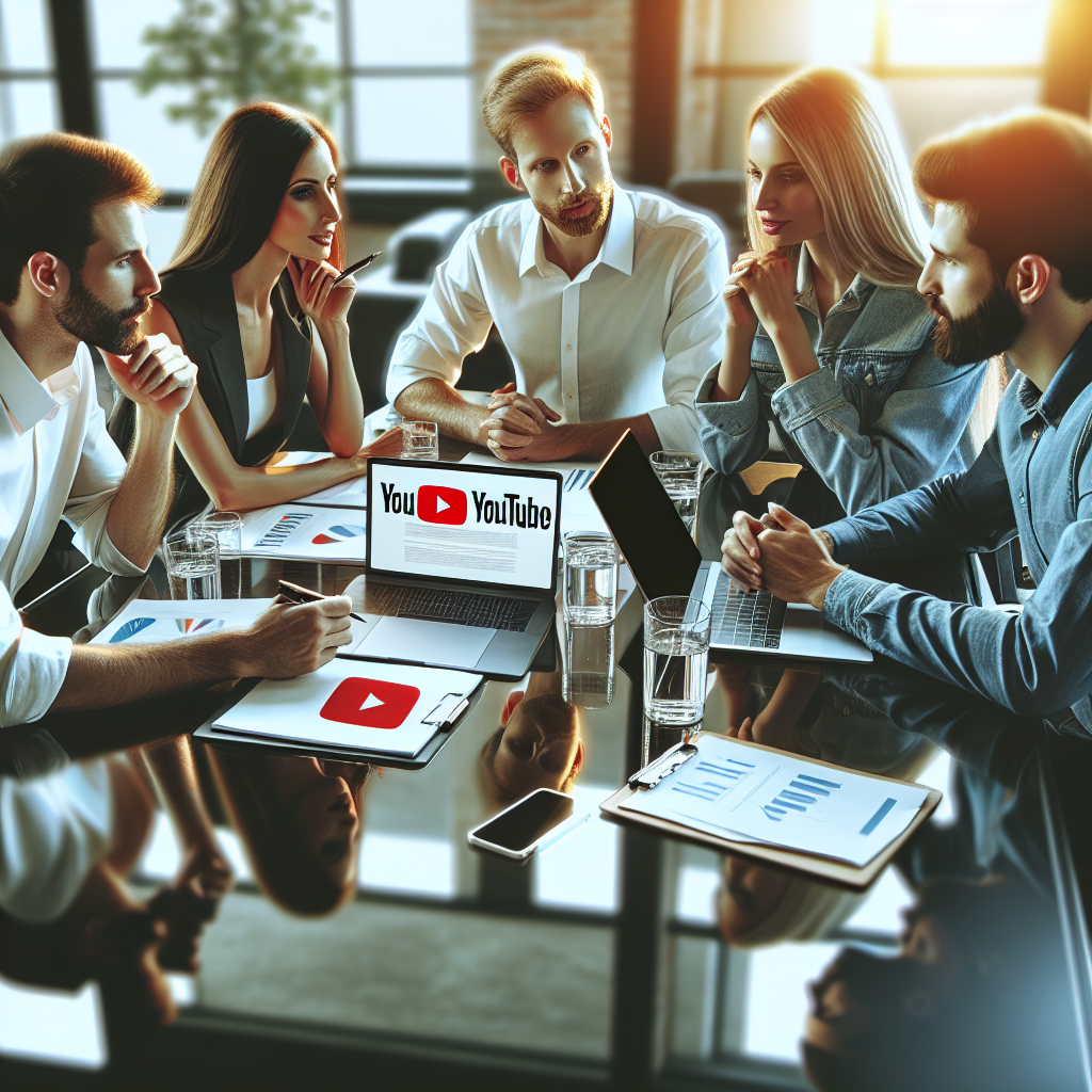 Generati o imagine in care o echipa de profesionisti, cu aspect european, discuta strategia de promovare a unei companii prin YouTube, asezati la o masa intr-un birou modern, inconjurati de laptopuri si documente.