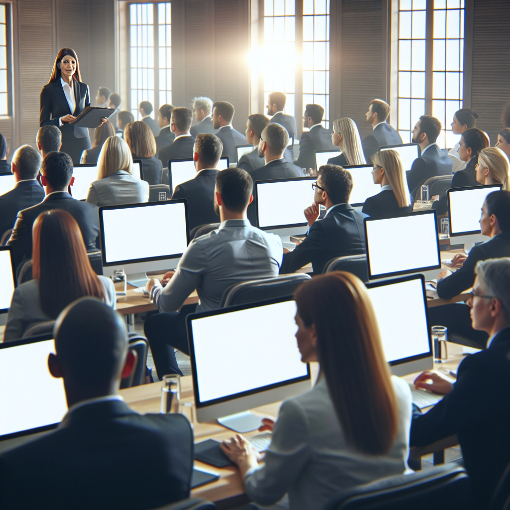 Imagine cu un jurist care conduce un webinar, avand o audienta in fata computerelor, toate persoanele avand un aspect european.