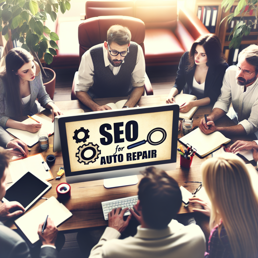 Imagine cu europeni care studiaza SEO pentru reparatii auto intr-un birou confortabil, discutand strategii de <a href=