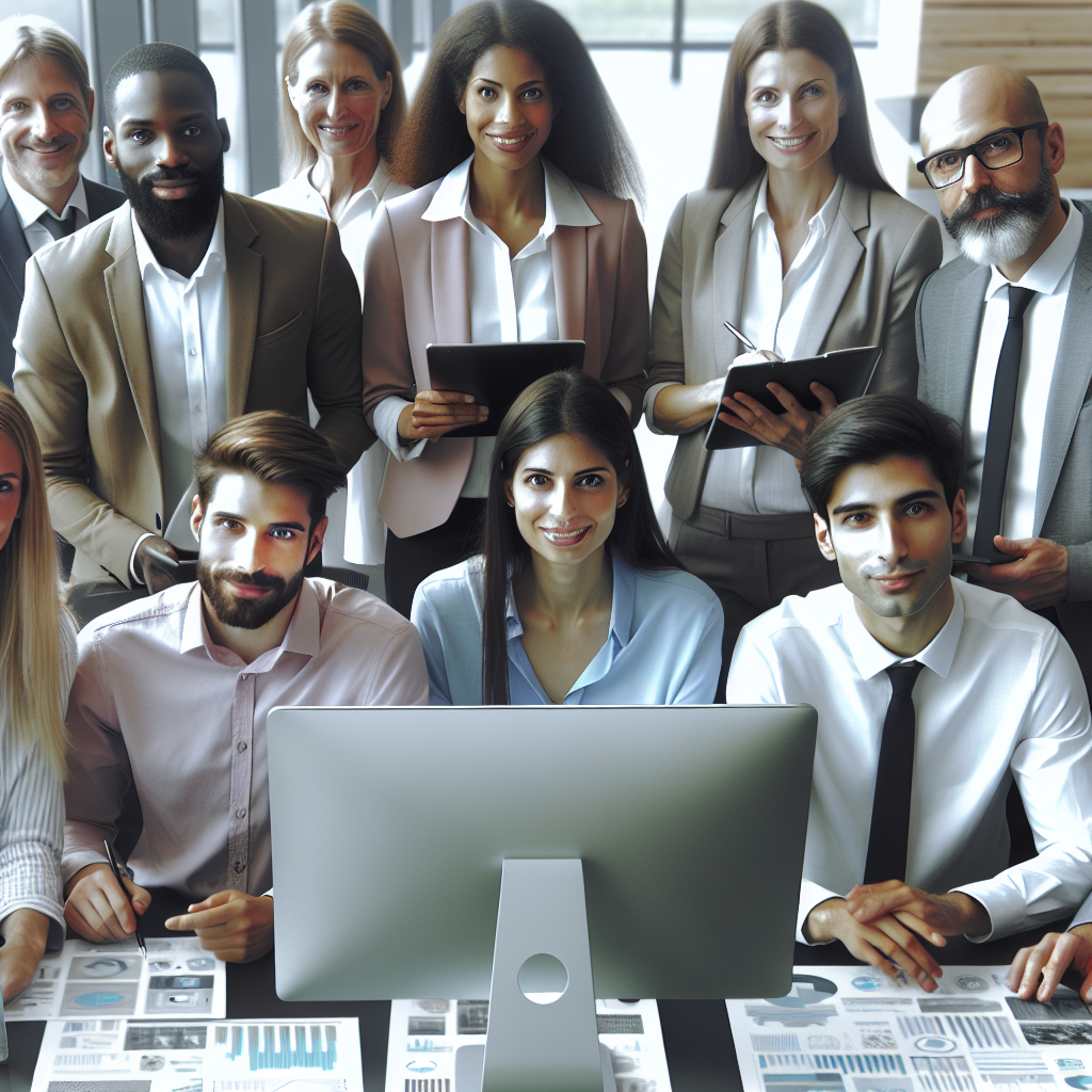 Grup de profesionisti europeni care colaboreaza la un proiect in birou, folosind <a href=