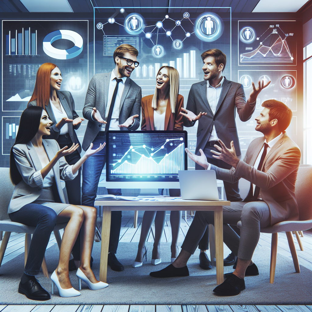 Foto realista cu barbati si femei de tip european care discuta activ despre strategii de atragere a traficului catre platformele de gambling intr-un birou confortabil. In fundal se pot observa grafice si monitoare cu <a href=