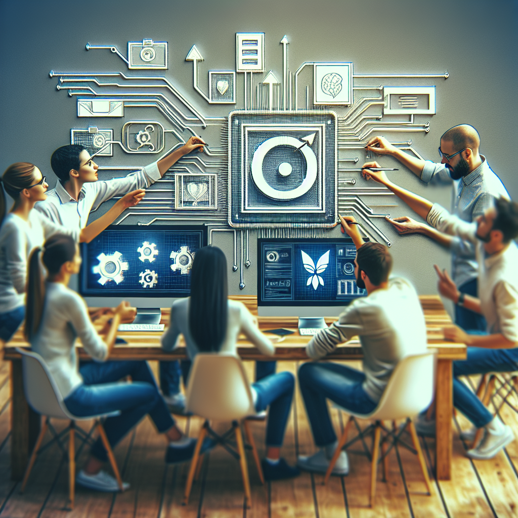 Procesul de creare a unui logo cu ajutorul inteligentei artificiale, aratand persoane europene care lucreaza la computer si discuta idei pentru logo.