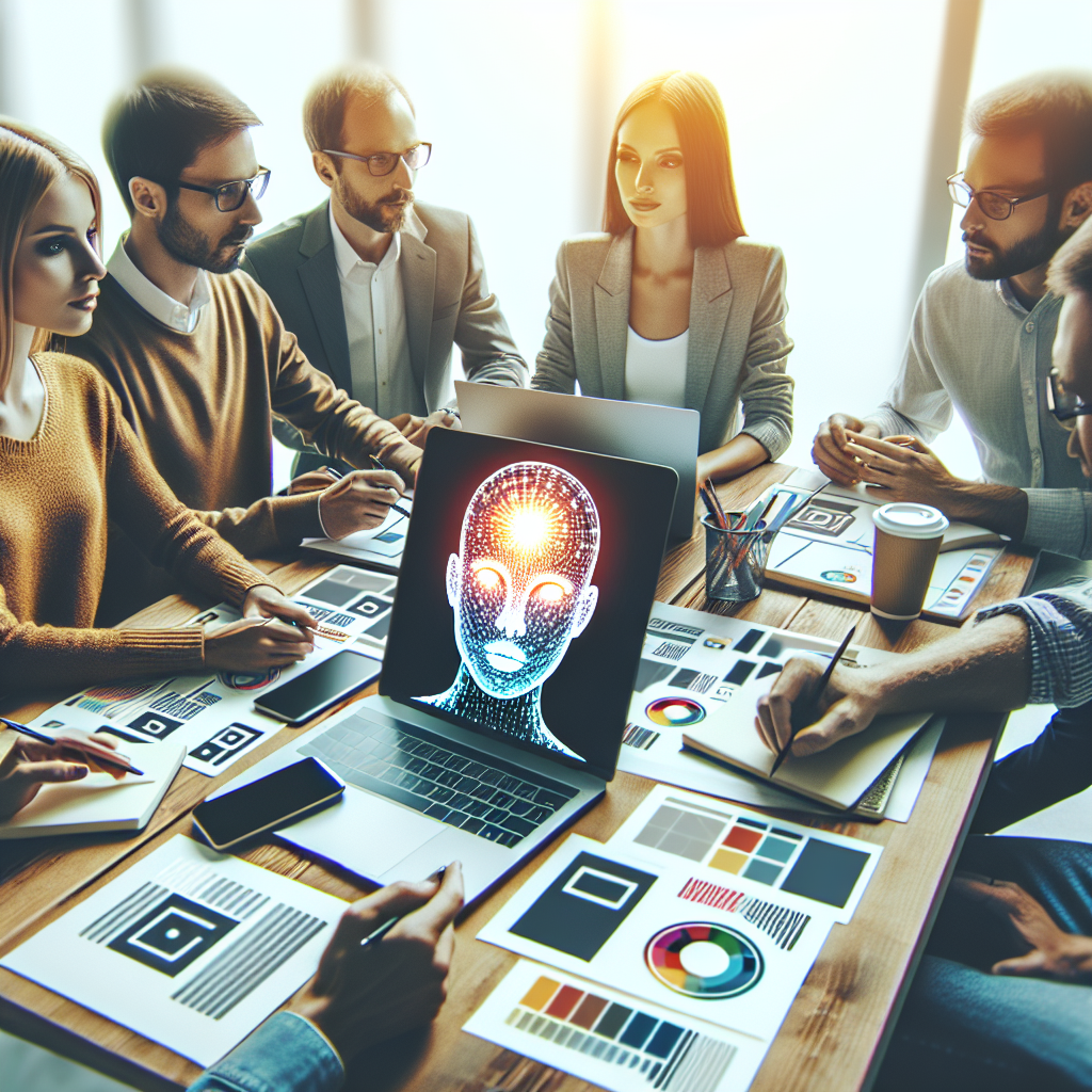 Discutia tendintelor logo-urilor si tehnologiilor de creare a logo-urilor cu ajutorul inteligentei artificiale intr-o echipa de designeri, cu persoane europene folosind laptopuri si caiete de notite.