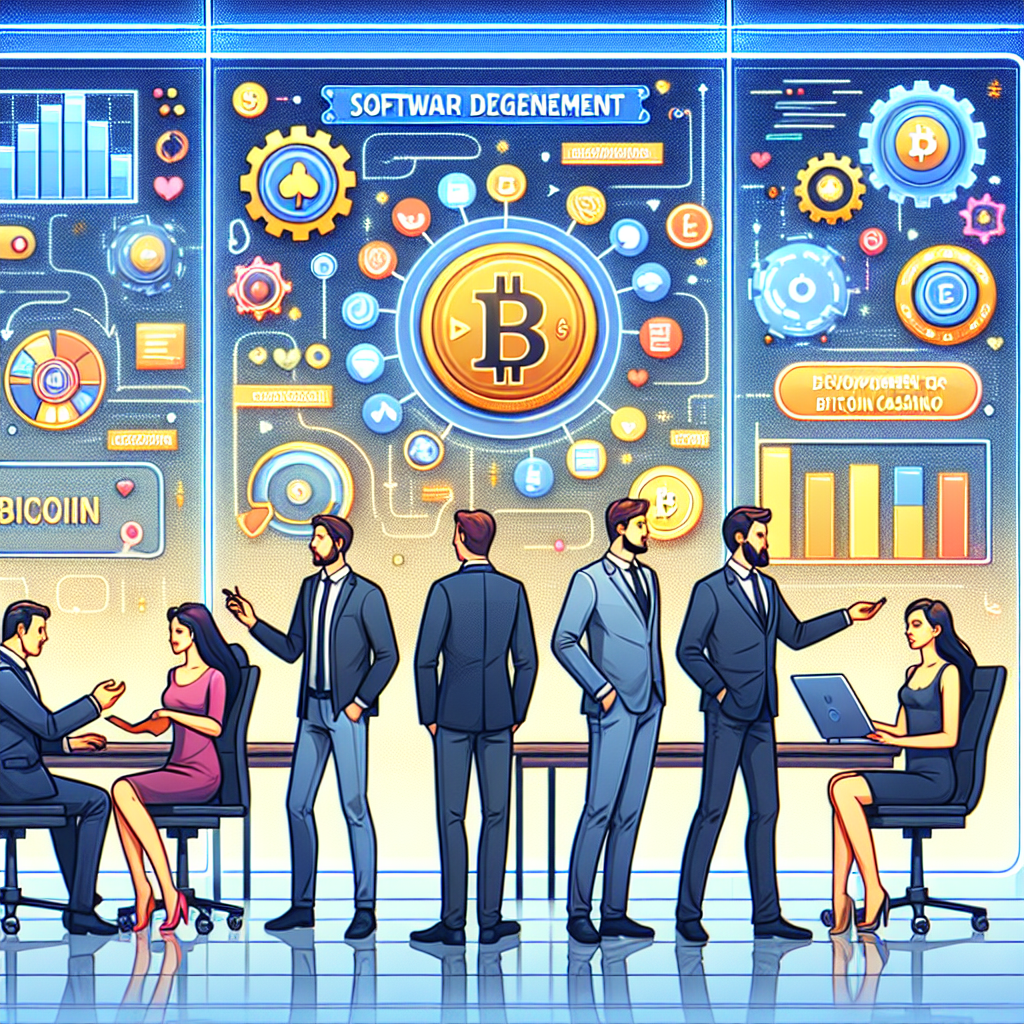 Группа европейцев обсуждает разработку программного обеспечения для Bitcoin казино в современном офисе.