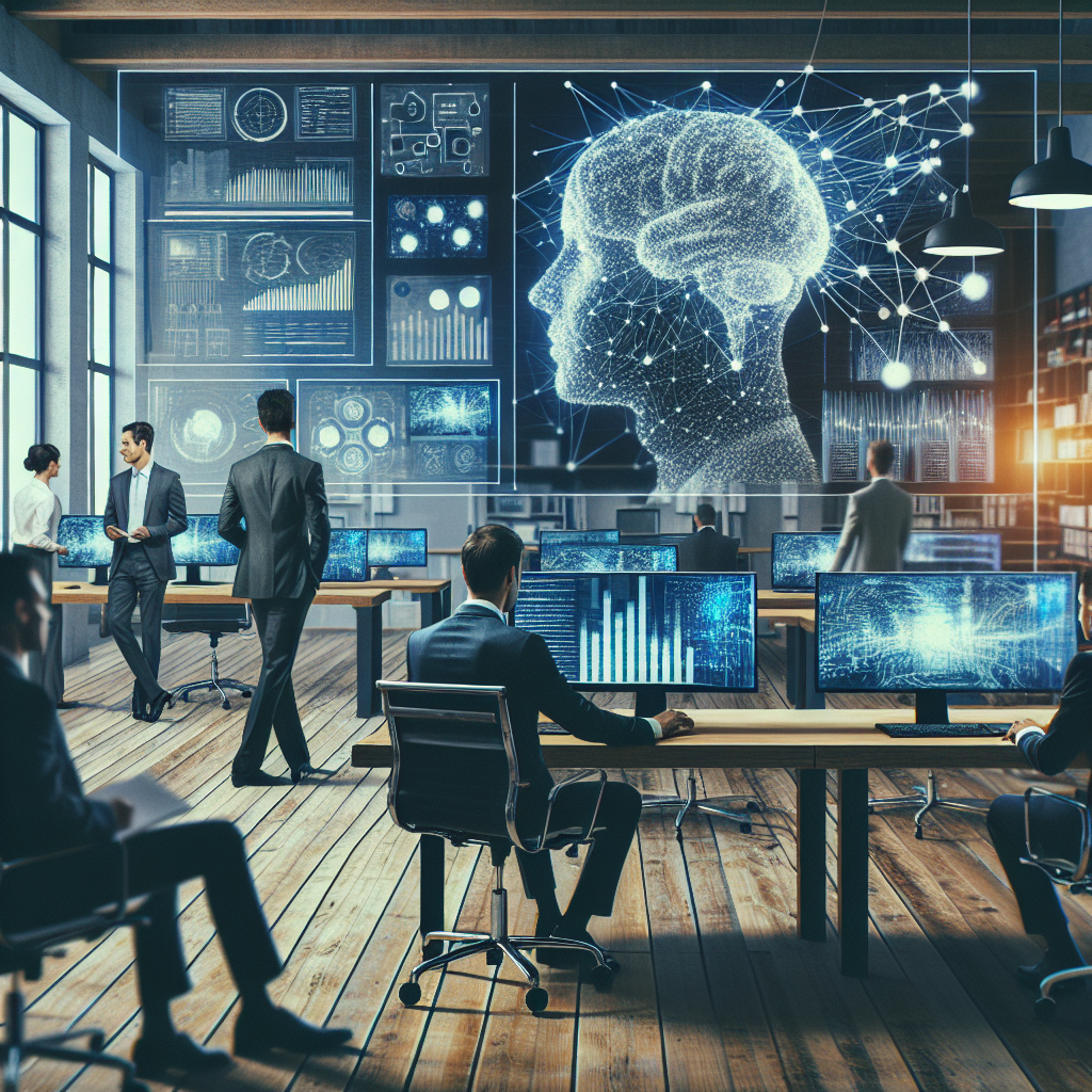 Imagine care prezinta interactiunea oamenilor de afaceri cu retele neuronale, cu persoane de tip european lucrand intr-un birou modern, avand calculatoare si grafice pe ecrane. Imaginea ar trebui sa arate ca o fotografie.