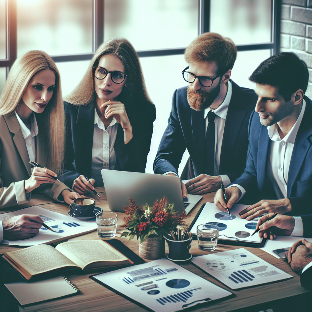 Grup de juristi europeni discutand marketingul online si strategii de SEO local intr-un birou confortabil, cu documente si laptopuri pe masa.