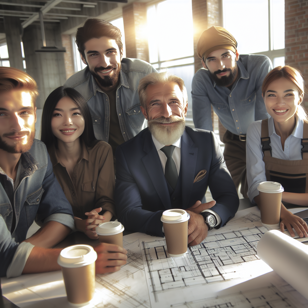 Imagine a unui grup de profesionisti dintr-o companie de constructii, care discuta un proiect. Toate persoanele din imagine sunt de tip european si arata prietenoase si profesioniste.