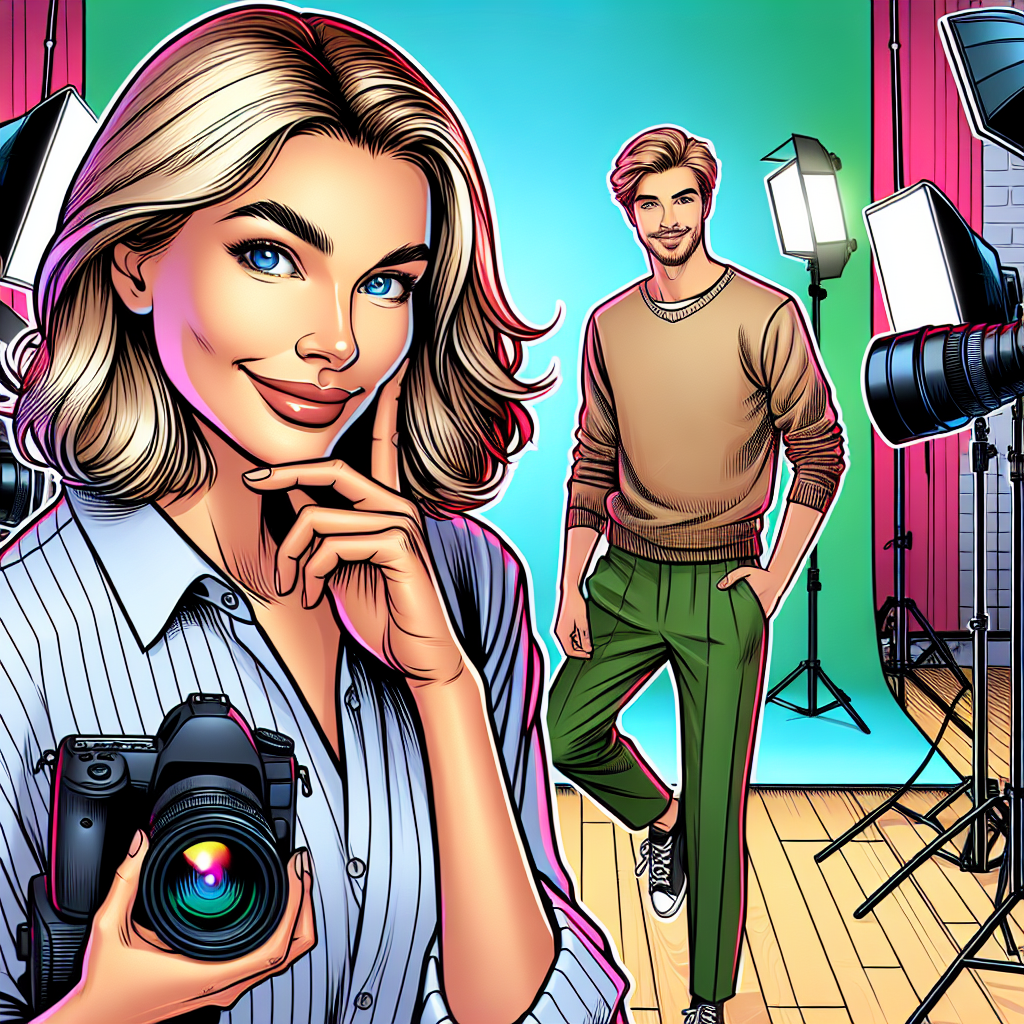 Fotografie cu un fotograf care realizeaza un portret al unui client intr-un studio, cu un decor prietenos, culori vii si un mediu ordonat.