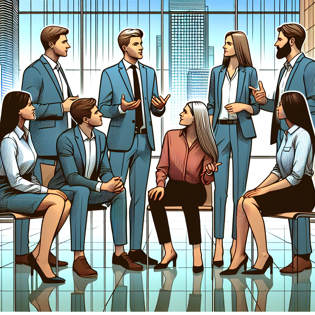 Imagine a unui grup de profesionisti dintr-o companie de constructii, discutand despre importanta SEO, cu expresii de ingrijorare si inspiratie. Toate persoanele din imagine sunt de tip european, imbracate in tinute de afaceri si aflati intr-un birou modern.
