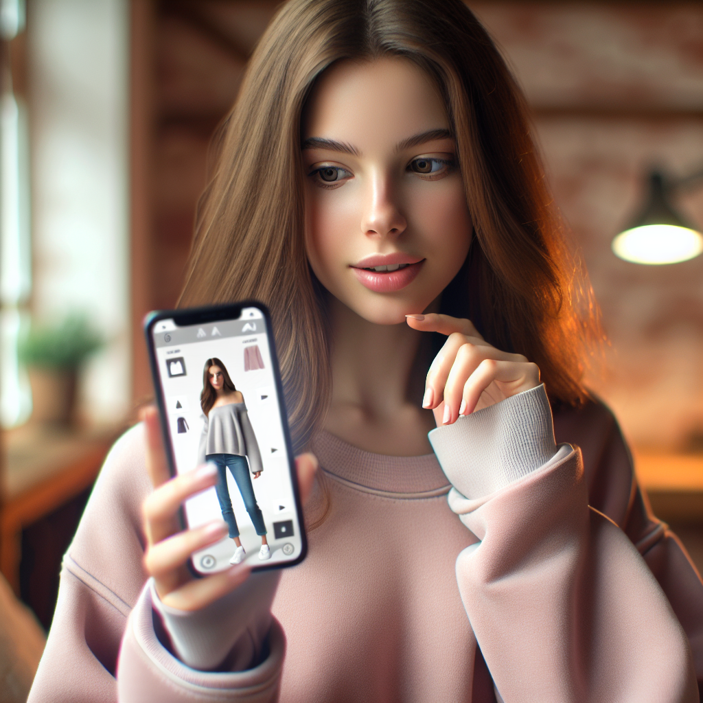 Fata interactioneaza cu interes cu o aplicatie pe smartphone, folosind tehnologia AI pentru a proba haine virtuale, toate personajele avand trasaturi europene.