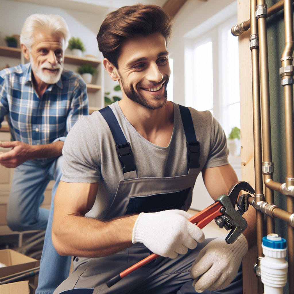Imagine cu un instalator care monteaza tevi intr-un mediu domestic, toate persoanele de tip european, interiorul este amenajat cu stil, atmosfera este prietenoasa si profesionala.
