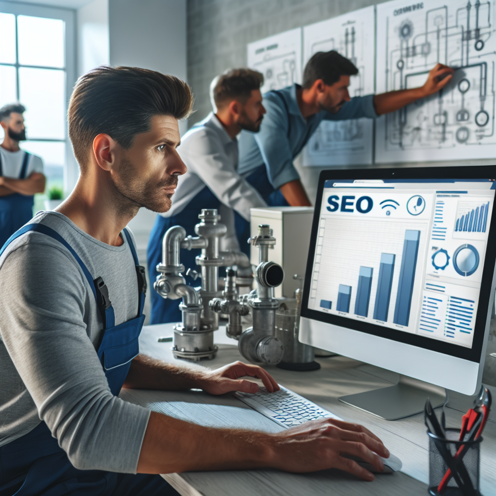 Imagine cu un instalator care lucreaza la calculator si analizeaza datele despre SEO, toate persoanele de tip european, mediu de lucru in birou, atmosfera este profesionala si concentrata.