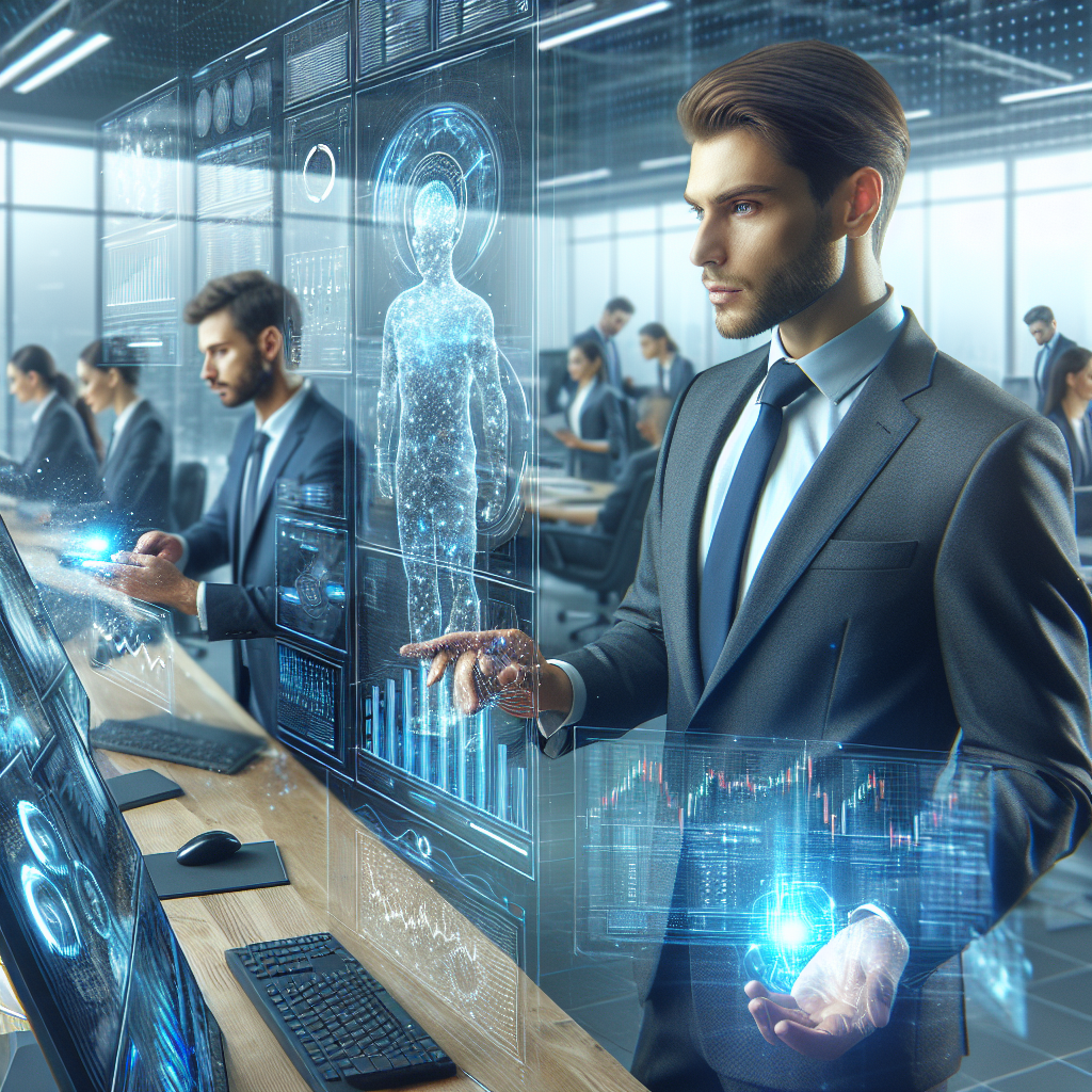 Imagine a implementarii de succes a GenAI intr-o companie financiara, unde angajatii (de tip european) interactioneaza cu dispozitive de inalta tehnologie si analizeaza informatiile. Imaginea ar trebui sa arate ca o fotografie, astfel incat sa nu poata fi diferentiata de o fotografie reala.