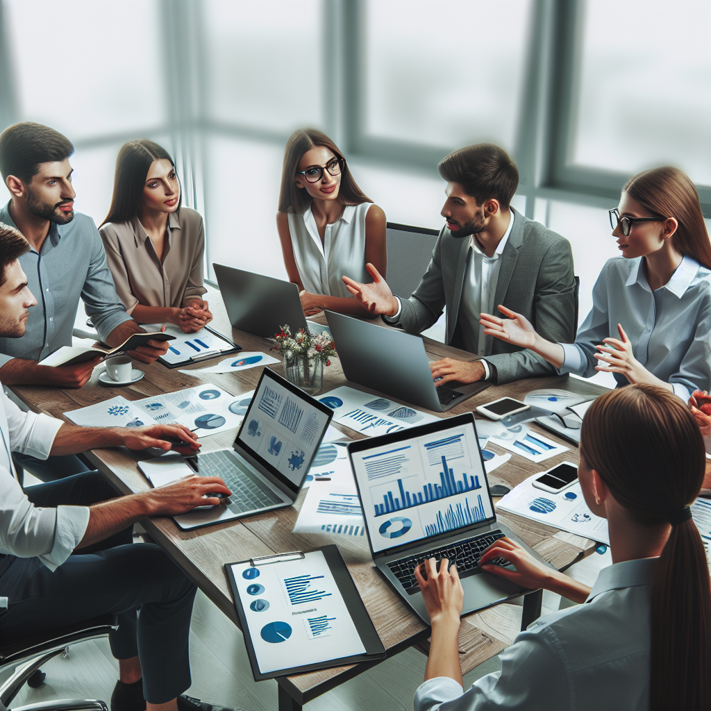 Imaginea unei echipe de specialisti SEO care discuta despre experienta reala in promovarea unui site corporativ. Toti oamenii au un aspect european, atmosfera este cea a muncii de birou, iar pe mese se afla laptopuri si grafice.