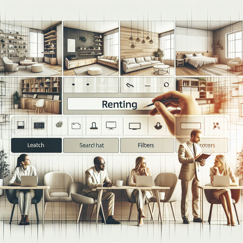 Imaginea ilustreaza un site ideal de inchiriere spatii, prezentand diverse interioare frumoase si birouri confortabile, cu oameni de tip european discutand despre inchiriere.