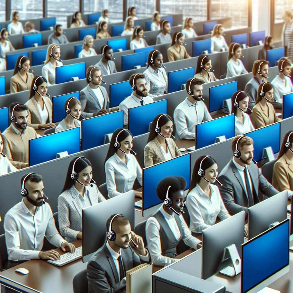 Imagine cu un call-center in care asistenti AI sunt prezenti, cu oameni de tip european care lucreaza intr-o atmosfera prietenoasa si moderna, imbracati in <a href=
