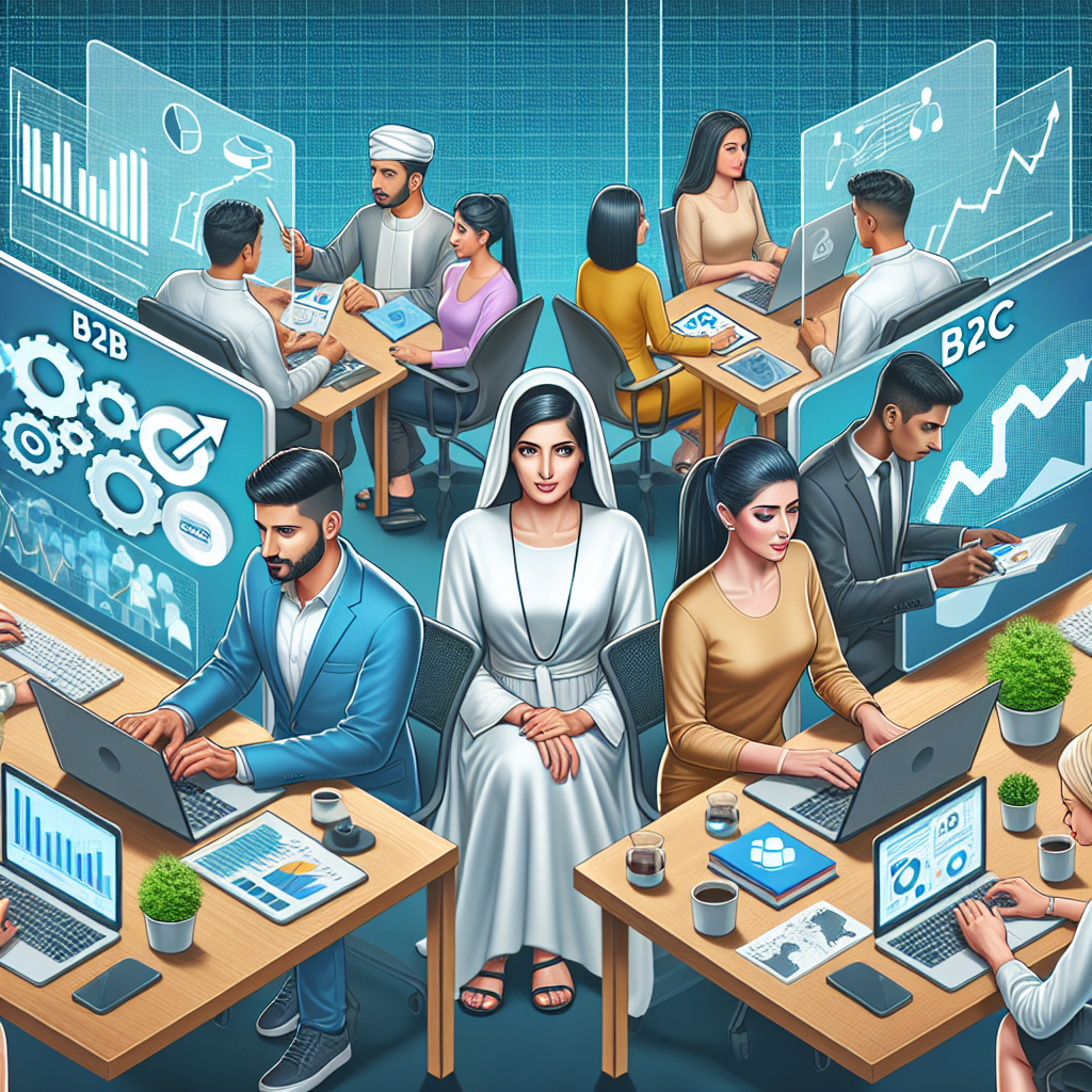 Imagine care ilustreaza diferenta dintre abordari B2B si B2C in promovarea SEO, cu grafice, clienti si angajati care lucreaza la <a href=