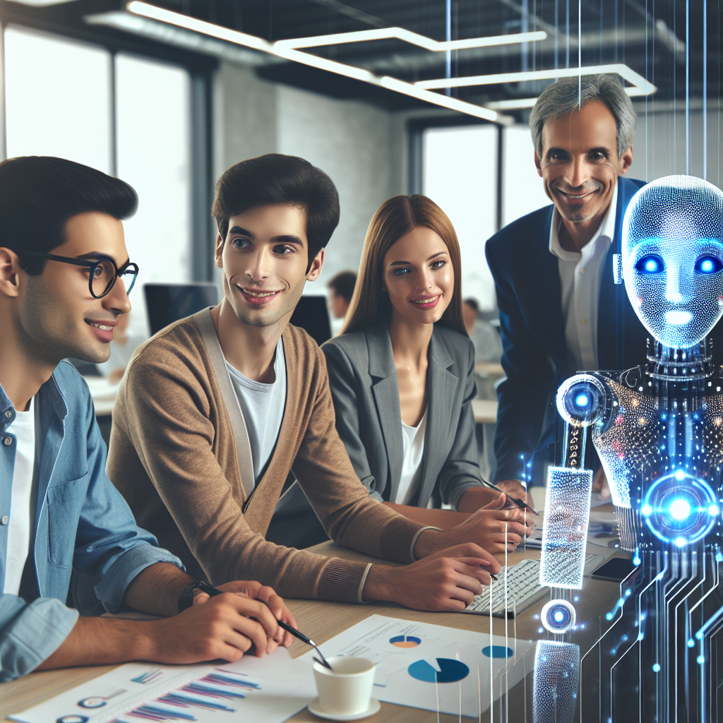 echipa de lucru intr-un birou modern, colaborand cu un asistent AI pentru automatizarea suportului tehnic. Toate persoanele au un aspect european si par prietenoase, fiind ocupate cu discutii despre tehnologia AI. Fondul este un birou modern cu calculatoare si grafice.