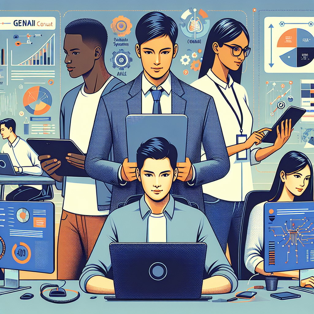 Echipa de oameni care lucreaza la un proiect de consultanta GenAI in birou, inconjurata de diagrame, grafice si computere, subliniind tehnologia si automatizarea. Oamenii arata european.