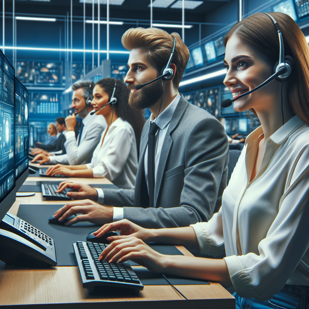 Imagine cu barbati si femei europeni care lucreaza intr-un call center modern, oferind servicii de inalta calitate pentru clienti. In fundal se pot observa locuri de munca cu sisteme de calculatoare si telefoane.