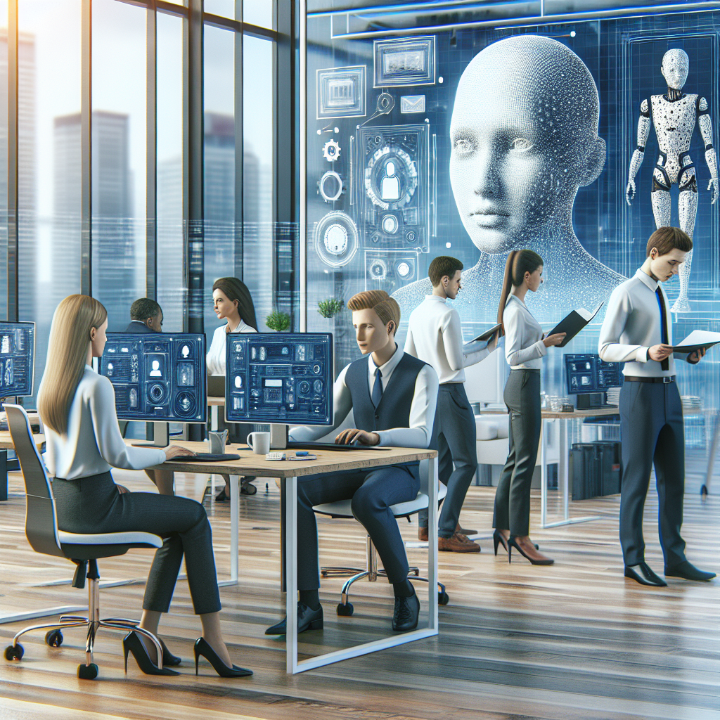 Birou modern cu o echipa de angajati europeni care colaboreaza folosind generative AI intr-un mediu profesional.