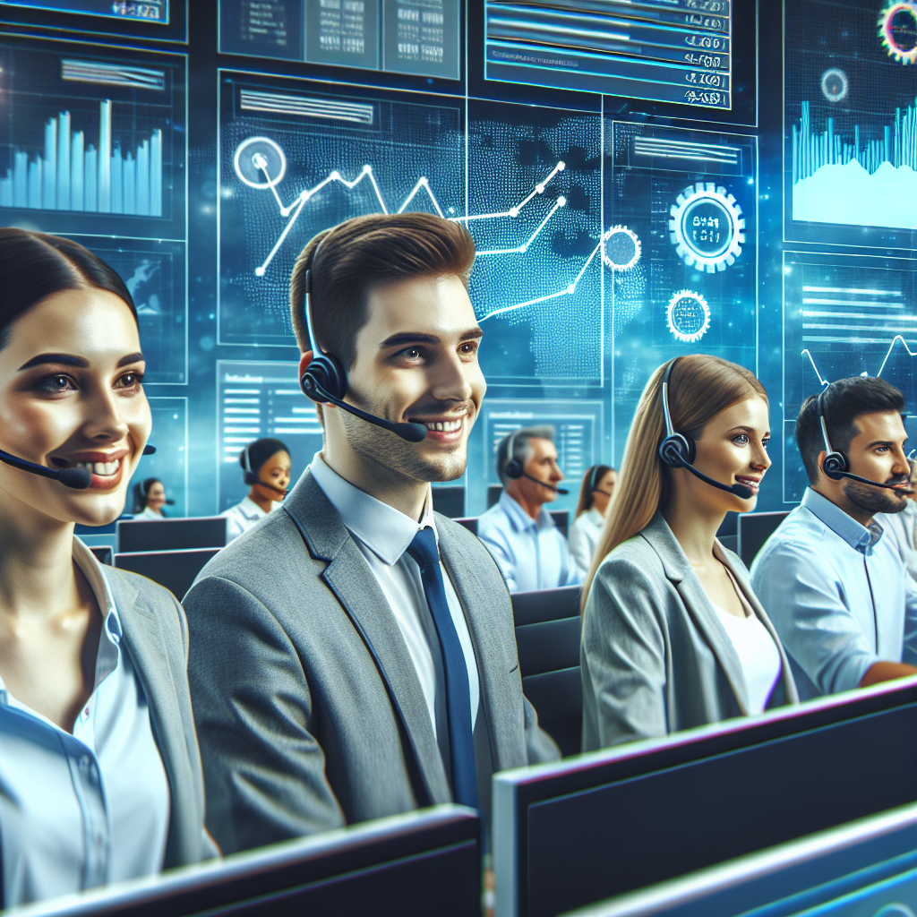 Imagine cu barbati si femei europeni care lucreaza intr-un call center modern, interactuand intre ei si cu clientii pentru a imbunatati calitatea serviciilor. In fundal se pot observa monitoare cu <a href=