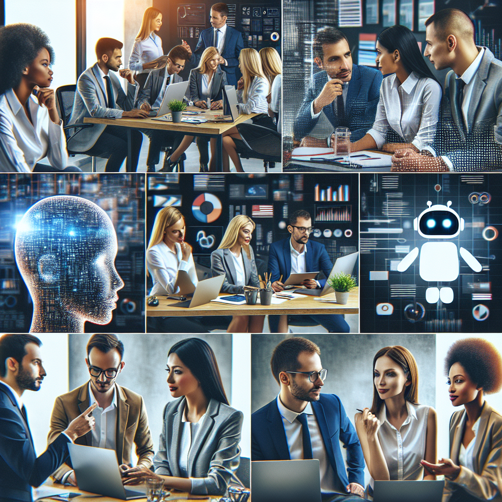O fotografie cu o echipa de afaceri sofisticata colaborand la un proiect de chatbot intr-un birou modern, cu grafice si dispozitive digitale in fundal. Toti indivizii trebuie sa aiba trasaturi europene.