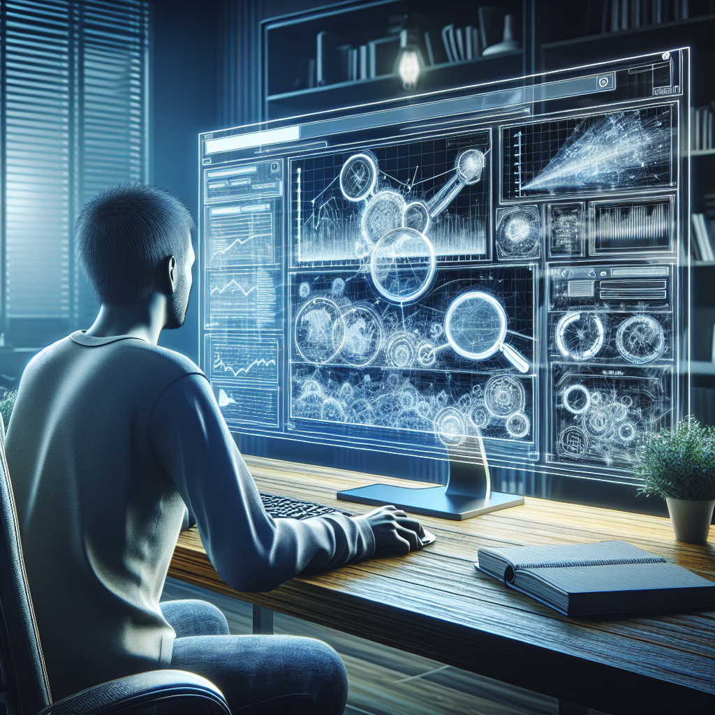 Imaginea prezinta o persoana care foloseste un monitor SERP pe un computer, avand grafice si <a href=