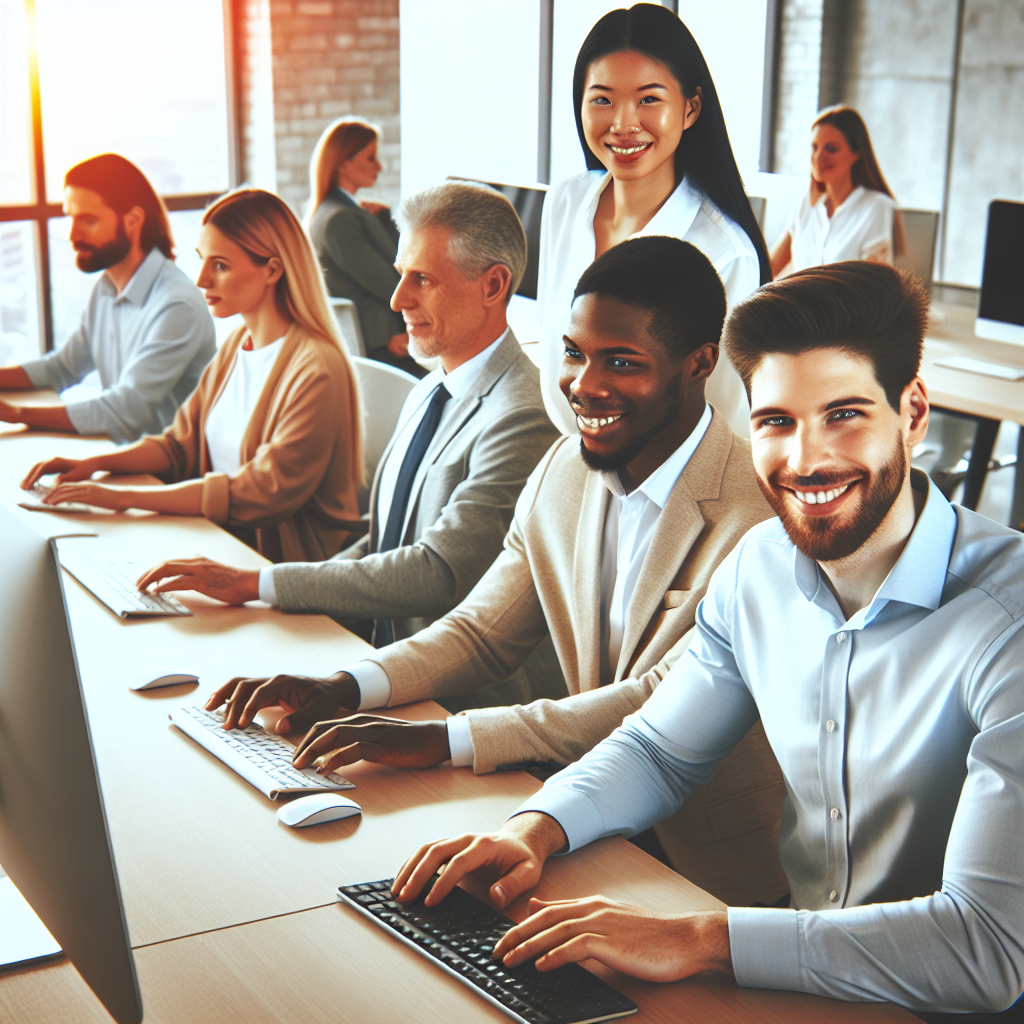 Birou modern cu oameni care lucreaza la computere, cu un ambient prietenos si productiv, toate persoanele avand un aspect european.
