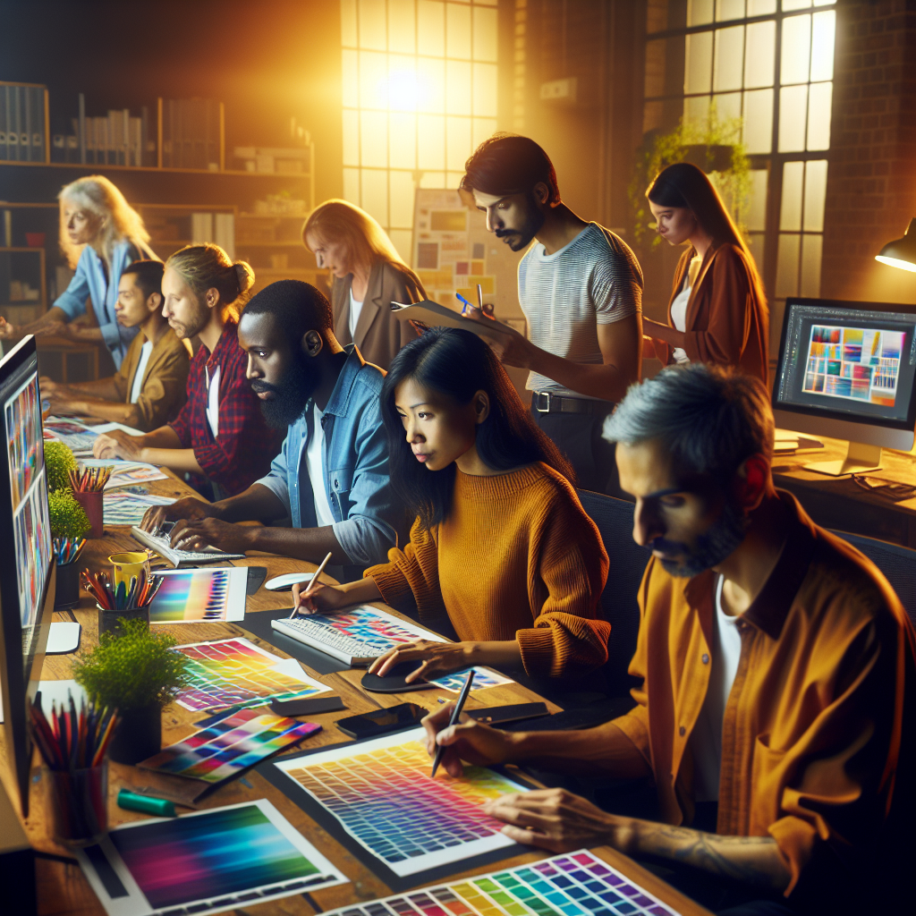 Imaginea unui spatiu de lucru creativ, unde designerii lucreaza la noi bannere si infografice, cu mostre colorate si calculatoare incarcate cu programe de grafica. Toate persoanele din fotografie au o infatisare europeana.