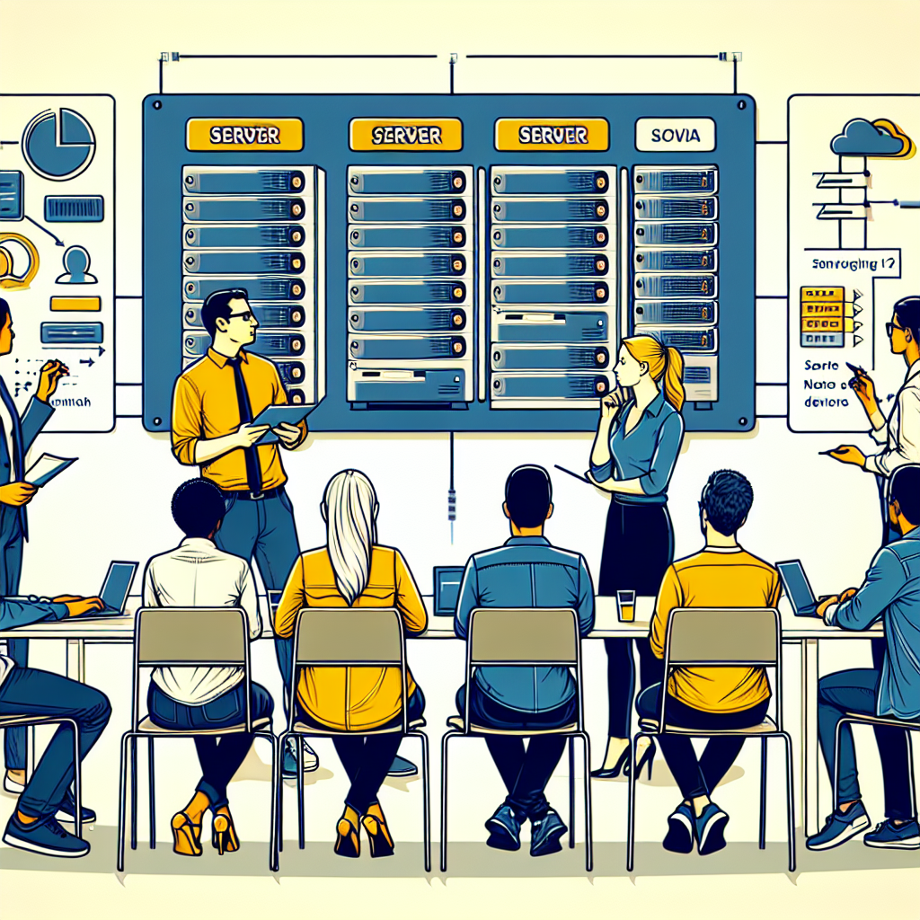 Imagine cu un grup de oameni discutand despre configurarea serverelor intr-un birou modern, cu notite pe o tabla. Toate persoanele au un aspect european.