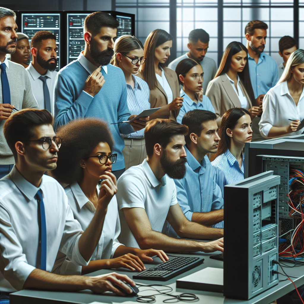 Echipa de profesionisti IT care efectueaza diagnosticarea si intretinerea echipamentelor computerizate intr-un birou, toti arata concentrati si increzatori in actiunile lor.