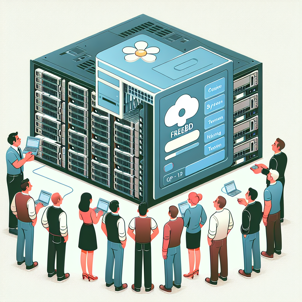 Imaginea unui server care ruleaza sistemul de operare FreeBSD, cu ecranul aratand inceputul instalarii sistemului. Toate persoanele au un aspect european.