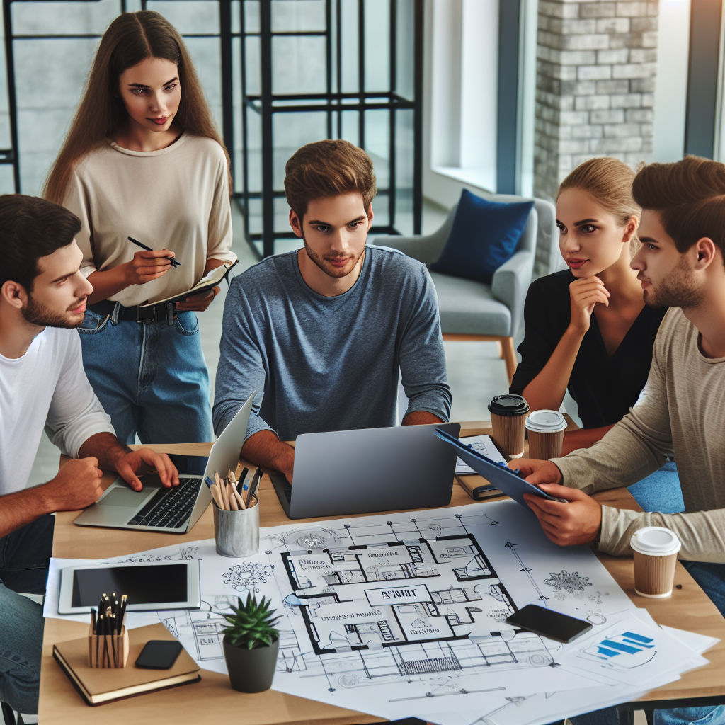 Imagine cu o echipă de tineri discutând o idee de startup într-un birou, cu laptopuri și planuri de afaceri. Toți oamenii au un aspect european.