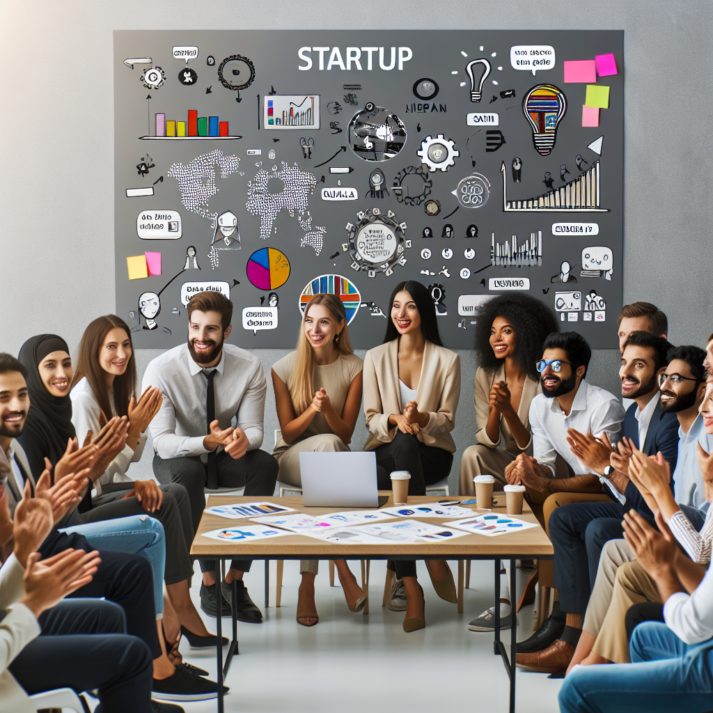 Imagine cu un grup de oameni la o prezentare de startup, discutând <a href=