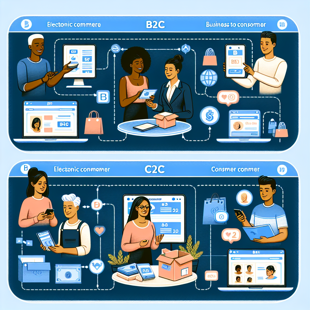 Imagine care ilustreaza trei tipuri de comert electronic: B2C, B2B si C2C, cu exemple de <a href=