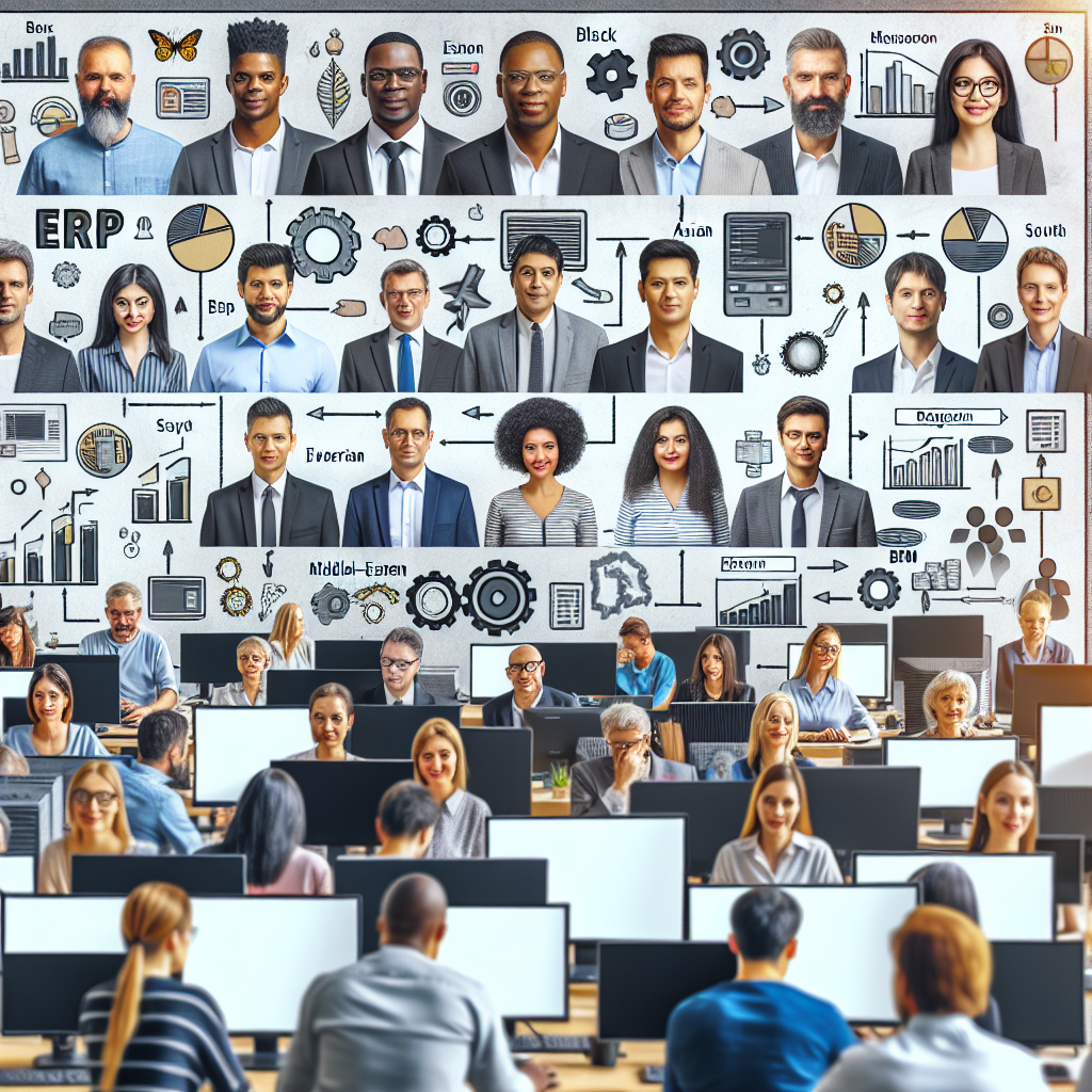 Fotografie realista cu angajati ai unei companii IT care lucreaza la proiecte ERP si BPM. Toate persoanele ar trebui sa aiba un aspect european, intr-un spatiu de lucru cu computere si scheme ale proceselor de afaceri.