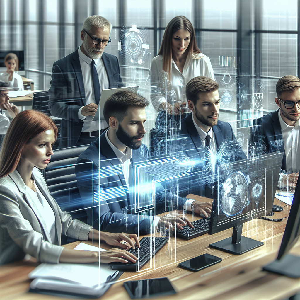 Foto cu o echipa de succes lucrand intr-un birou modern, formata din barbati si femei europeni, la computere, discutand despre <a href=