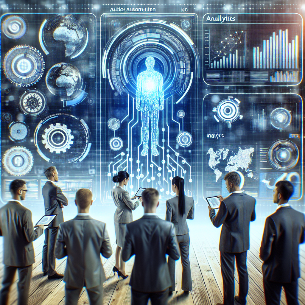 Imagine realista care ilustreaza interactiunea angajatilor cu tehnologii viitoare de automatizare a proceselor de afaceri, incluzand AI, <a href=