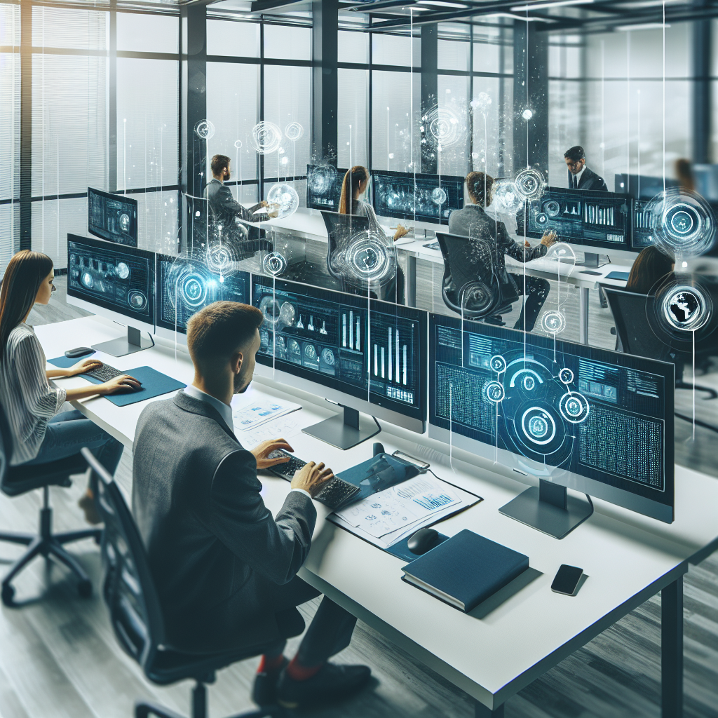 Imagine care prezinta procesul de lucru intr-un birou, unde o echipa de oameni de tip european utilizeaza calculatoare pentru automatizarea emiterii facturilor. Pe ecran sunt interfete grafice ale sistemelor de facturare, precum si comunicatii cu clientii prin mijloace electronice.