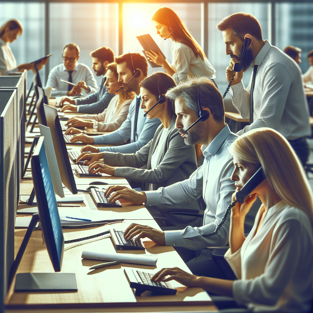 Imaginea arata oameni de tip european lucrand in birou, utilizand computere si telefoane, discutand despre integrarea telefoniei si <a href=