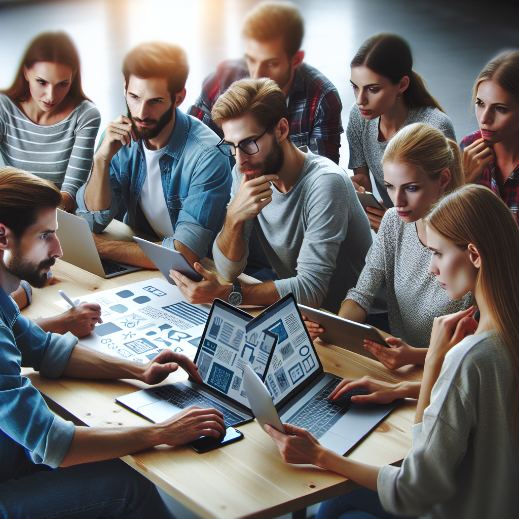 Grup de oameni europeni care discuta despre crearea si designul unui site web, folosind laptopuri si tablete.