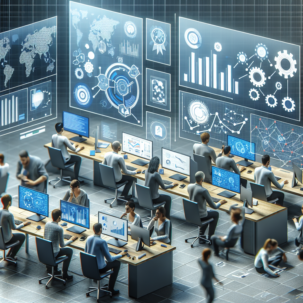 Imagine a unui proces de lucru al automatizarii, care arata oameni la computere discutand despre software. Toate fetele sunt de tip european. Sunt incluse grafice si diagrame care demonstreaza eficienta automatizarii.