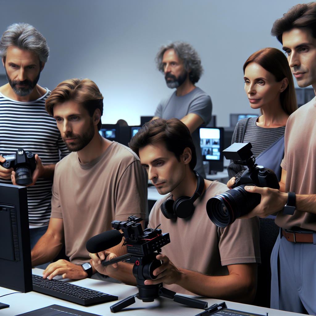 Imaginea unei echipe profesionale de IT, care lucreaza la productia video, accentuand procesul creativ de filmare si montaj, prezentata ca o fotografie reala. Toti membrii echipei <a href=