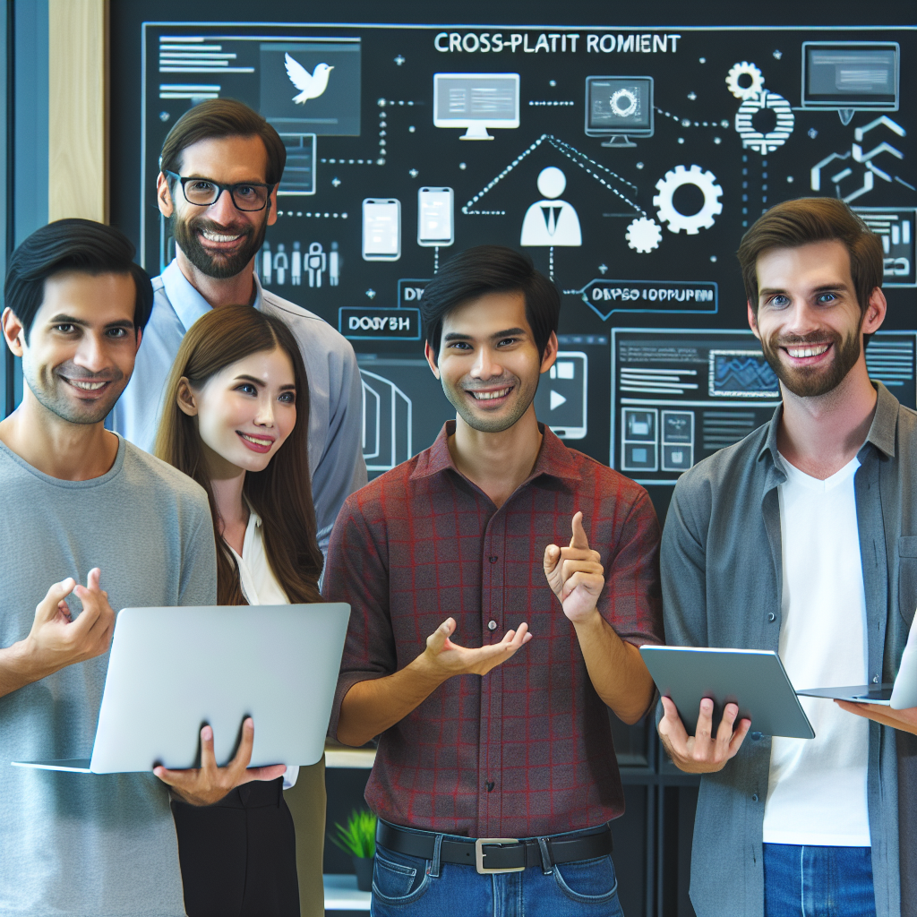 O imagine cu oameni de afaceri discutand despre avantajele dezvoltarii cross-platform intr-un birou modern. Toate persoanele sunt de tip european, avand un aspect increzator si profesional.