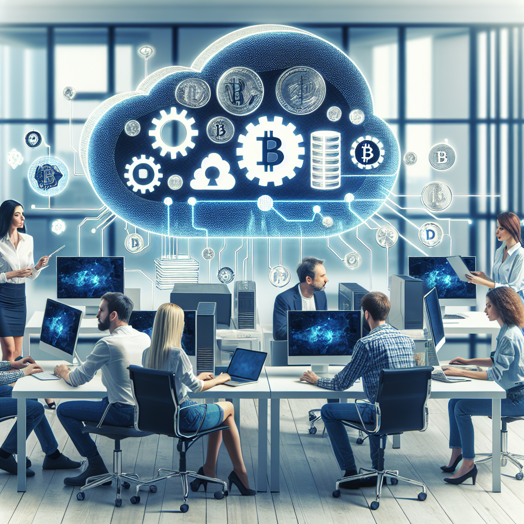 Grup de oameni europeni care lucreaza la computere intr-un birou modern, discutand despre mineritul in cloud si <a href=